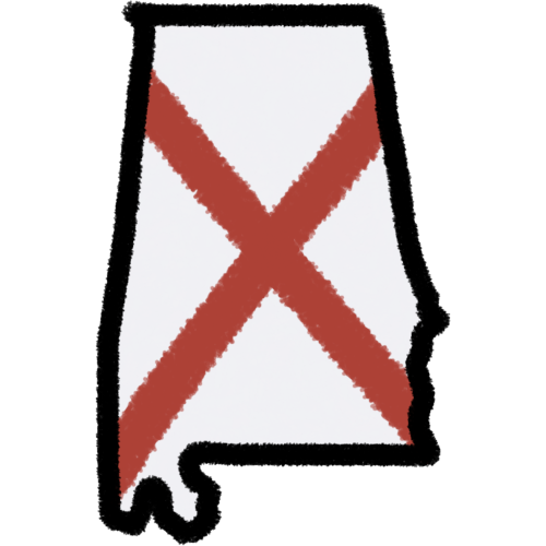 A land mass matching the shape of the state alabama with a black outline and the interior matching the alabama flag: white with a red X on top.